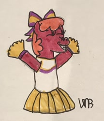 Size: 1100x1280 | Tagged: safe, artist:whistle blossom, imported from derpibooru, cheerilee, earth pony, semi-anthro, the cart before the ponies, bow, cheeribetes, cheerileeder, cheerleader, cheerleader outfit, clothes, cute, eyes closed, female, grin, hair bow, mare, marker drawing, signature, simple background, smiling, solo, traditional art, white background