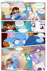 Size: 5143x7841 | Tagged: safe, artist:jeremy3, imported from derpibooru, princess celestia, trixie, oc, oc:becky brown, oc:miss becky, alicorn, earth pony, pony, unicorn, comic:everfree, comic:everfree my friend, cast, comic, female, filly, filly trixie, glowing eyes, glowing horn, horn, ribbon, younger