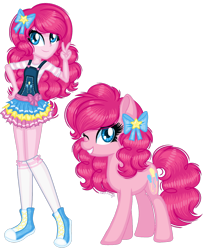 Size: 1280x1558 | Tagged: safe, artist:fantarianna, imported from derpibooru, pinkie pie, earth pony, human, pony, equestria girls, bow, clothes, converse, female, hair bow, human and pony, human ponidox, looking at you, mare, one eye closed, peace sign, self ponidox, shoes, simple background, skirt, socks, transparent background, wink, winking at you