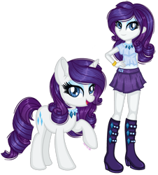 Size: 1280x1419 | Tagged: safe, artist:fantarianna, imported from derpibooru, rarity, human, pony, unicorn, equestria girls, boots, bracelet, clothes, female, hand on hip, high heel boots, high heels, human and pony, human ponidox, jewelry, looking at you, mare, necklace, purple shoes, self ponidox, shoes, simple background, skirt, solo, transparent background