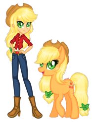 Size: 1280x1725 | Tagged: safe, artist:fantarianna, imported from derpibooru, applejack, earth pony, human, pony, equestria girls, belt, boots, clothes, cowboy boots, cowboy hat, hand on hip, hands on hip, hat, high heel boots, high heels, human and pony, human ponidox, looking at you, pants, self ponidox, shoes, simple background, transparent background