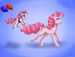 Size: 1580x1200 | Tagged: safe, artist:nastya-lazy-cat, imported from derpibooru, pinkie pie, earth pony, pony, age progression, balloon, duality, female, filly, filly pinkie pie, gradient background, self ponidox, string, time paradox, younger