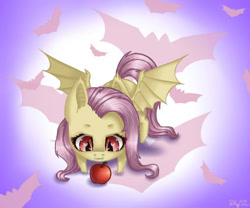 Size: 600x500 | Tagged: safe, artist:nastya-lazy-cat, imported from derpibooru, fluttershy, bat pony, pony, apple, bat ponified, chibi, cute, cutie mark background, female, flutterbat, food, gradient background, race swap, shyabates, shyabetes, solo