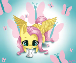 Size: 600x500 | Tagged: safe, alternate version, artist:nastya-lazy-cat, imported from derpibooru, angel bunny, fluttershy, pegasus, pony, chibi, cute, cutie mark background, female, gradient background, shyabetes