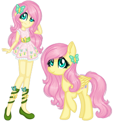 Size: 1280x1400 | Tagged: safe, artist:fantarianna, imported from derpibooru, fluttershy, human, pegasus, pony, equestria girls, clothes, dress, green shoes, hairpin, hand on head, human and pony, human ponidox, looking at you, self ponidox, shoes, simple background, transparent background