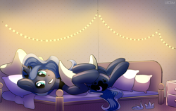 Size: 3843x2442 | Tagged: safe, artist:lilclim, imported from derpibooru, princess luna, alicorn, pony, bed, crescent moon, cute, female, high res, hug, lights, lunabetes, mare, moon, on back, on bed, pillow, pillow hug, smiling, solo, stars