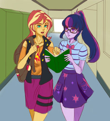 Size: 2000x2200 | Tagged: safe, artist:reinver, imported from derpibooru, sci-twi, sunset shimmer, twilight sparkle, equestria girls, blushing, book, geode of empathy, geode of telekinesis, implied lesbian, implied scitwishimmer, implied shipping, lockers, magical geodes, open mouth, school