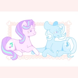 Size: 1080x1080 | Tagged: safe, artist:halomalwina, imported from derpibooru, starlight glimmer, trixie, pony, unicorn, blushing, duo, female, holding hooves, lesbian, mare, prone, shipping, startrix