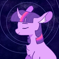 Size: 1080x1080 | Tagged: safe, artist:halomalwina, imported from derpibooru, twilight sparkle, pony, unicorn, abstract background, bust, chest fluff, curved horn, ear fluff, eyes closed, female, horn, mare, smiling, solo, unicorn twilight