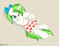 Size: 1280x996 | Tagged: safe, artist:redpalette, imported from derpibooru, oc, oc:minty root, pony, unicorn, bow, boxers, clothes, cute, heart, heart print underwear, smiling, solo, underwear