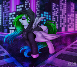 Size: 3000x2625 | Tagged: safe, artist:rinikka, imported from derpibooru, oc, oc only, oc:aurora wing, pegasus, pony, aeroverse, building, clothes, commission, eyes closed, eyeshadow, female, hoodie, makeup, mare, rain, spread wings, street, wings