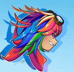 Size: 1380x1350 | Tagged: safe, artist:phoenixgoldensilver, imported from derpibooru, rainbow dash, human, anime, bust, female, goggles, humanized, portrait, sidemouth, solo, white outline