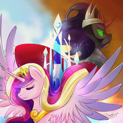 Size: 2000x2000 | Tagged: safe, artist:phoenixgoldensilver, imported from derpibooru, king sombra, princess cadance, alicorn, pony, unicorn, crystal empire, duo, female, high res, male, mare, spread wings, stallion, wings