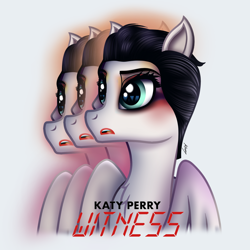 Size: 1500x1500 | Tagged: safe, artist:aldobronyjdc, imported from derpibooru, pegasus, pony, album, album cover, alternate cover, digital art, female, katy perry, katy pony, looking away, makeup, mare, open mouth, ponified, ponified celebrity, simple background, text, three faces, white background, witness, witness (album)