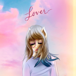 Size: 1500x1500 | Tagged: safe, artist:aldobronyjdc, imported from derpibooru, earth pony, pony, album, album cover, bangs, blouse, clothes, cloud, colored hair, colorful, digital art, heart, lover, ponified, sky, taylor swift