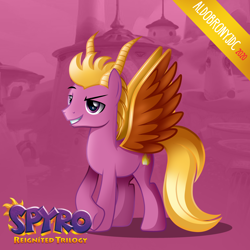 Size: 3500x3500 | Tagged: safe, artist:aldobronyjdc, imported from derpibooru, pegasus, pony, base used, cutie mark, digital art, fire, logo, looking away, male, ponified, simple background, smiling, solo, spyro the dragon, spyro the dragon (series), standing, video game, video game character