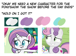 Size: 1480x1100 | Tagged: safe, edit, edited screencap, imported from derpibooru, screencap, potion nova, sweetie belle, pony, unicorn, meet potion nova!, my little pony: pony life, spoiler:pony life s01e21, caption, color palette, comparison, cropped, g4.5, image macro, meme, op isn't even trying anymore, smiling, text