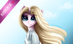 Size: 5000x3000 | Tagged: safe, artist:aldobronyjdc, imported from derpibooru, pony, unicorn, clothes, cloud, elsa, female, frozen (movie), into the unknown, long hair, looking at you, movie character, ponified, simple background, smiling, solo, text, wind