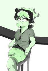 Size: 1700x2500 | Tagged: safe, artist:diamondgreenanimat0, imported from derpibooru, oc, oc:diamondgreen, equestria girls, anatomically incorrect, anatomy study, black hair, brown eyes, clothes, equestria girls-ified, green background, green hair, practice drawing, shorts, simple background, white background