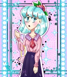 Size: 862x980 | Tagged: safe, artist:your.millye, imported from derpibooru, coco pommel, human, :o, abstract background, bag, clothes, female, flower, flower in hair, humanized, open mouth, skirt, solo