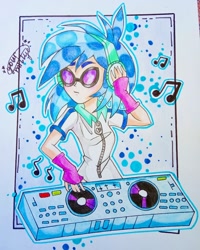 Size: 912x1140 | Tagged: safe, artist:your.millye, imported from derpibooru, dj pon-3, vinyl scratch, human, equestria girls, bust, clothes, female, fingerless gloves, gloves, headphones, humanized, music notes, signature, solo, sunglasses, traditional art, turntable