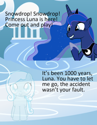 Size: 1080x1389 | Tagged: safe, imported from derpibooru, princess luna, oc, oc:snowdrop, ghost, undead, cloud, cloudsdale, depressing, implied death, meme, sad, smiling, the crash wasn't your fault