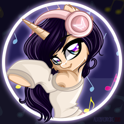 Size: 2000x2000 | Tagged: safe, artist:aldobronyjdc, imported from derpibooru, oc, oc only, oc:melody verve, pony, unicorn, beautiful, blouse, clothes, cute, digital art, digitalization, female, half body, headphones, looking at you, music, music notes, sexy, sketch used, solo