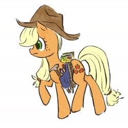 Size: 1670x1670 | Tagged: safe, artist:laya-21, imported from derpibooru, applejack, earth pony, pony, belt, book, cowboy hat, female, hammer, hat, mare, profile, raised hoof, simple background, solo, tools, utility belt, white background