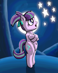 Size: 2400x3000 | Tagged: safe, artist:saburodaimando, imported from derpibooru, starlight glimmer, pony, unicorn, belly button, bipedal, brothers grimm, cute, die sterntaler, female, filly, filly starlight glimmer, glimmerbetes, newbie artist training grounds, night, solo, star money, stars, startaler, younger