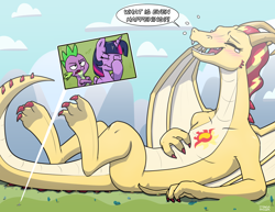 Size: 6600x5100 | Tagged: safe, artist:strangerdanger, imported from derpibooru, part of a set, spike, sunset shimmer, twilight sparkle, alicorn, dragon, pony, series:beeg sunny derg, alternative cutie mark placement, amused, cloud, crossed arms, crying, dialogue, dragoness, dragonified, facehoof, female, giant dragon, giant pony, giantess, growth, laughing, macro, male, mega giant, mirror, mountain, part of a series, signature, silly, species swap, spike is not amused, sunset dragon, tears of laughter, teary eyes, tree, unamused