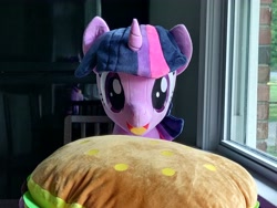 Size: 320x240 | Tagged: safe, artist:nekokevin, imported from derpibooru, photographer:sometwifag, twilight sparkle, alicorn, borgarposting, burger, food, irl, photo, plushie, twilight sparkle (alicorn)