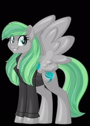 Size: 1600x2230 | Tagged: safe, artist:missbramblemele, artist:missmele-madness, imported from derpibooru, oc, oc only, pegasus, pony, black background, clothes, deviantart watermark, female, jacket, mare, obtrusive watermark, simple background, solo, watermark