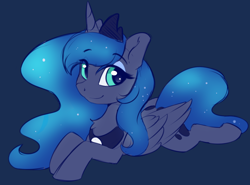 Size: 1890x1395 | Tagged: safe, artist:arjinmoon, imported from derpibooru, princess luna, alicorn, pony, blue background, chest fluff, cute, female, looking at you, lunabetes, lying down, mare, prone, simple background, smiling, solo