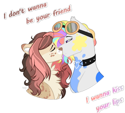 Size: 786x709 | Tagged: safe, artist:mintoria, imported from derpibooru, oc, oc:colored pencils, oc:haley, pony, female, goggles, kissing, lesbian, mare, oc x oc, shipping, simple background, transparent background