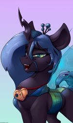 Size: 1800x3000 | Tagged: safe, artist:skitsniga, artist:skitsroom, imported from derpibooru, queen chrysalis, changeling, changeling queen, 1st place, changelings in the comments, crown, cute, cutealis, evil grin, facts, female, grin, jewelry, looking at you, mare, medal, open mouth, regalia, simple background, smiling, solo, wings