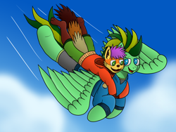 Size: 4032x3024 | Tagged: safe, artist:tacomytaco, imported from derpibooru, oc, oc only, oc:kai, oc:taco.m.tacoson, anthro, pegasus, pony, red panda, anthro with ponies, clothes, flying, furry, hoodie, shorts, sky, smiling, spread wings, wings