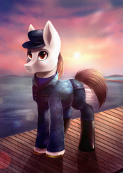 Size: 1683x2376 | Tagged: safe, artist:das_leben, imported from derpibooru, oc, oc only, oc:rough seas, earth pony, pony, boots, hat, shoes, solo, sunset