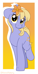 Size: 989x1912 | Tagged: safe, artist:mulberrytarthorse, imported from derpibooru, doseydotes, pony, female, floppy ears, flower, flower in hair, looking at you, mare, smiling at you, solo