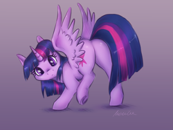 Size: 2457x1847 | Tagged: safe, artist:buttersprinkle, imported from derpibooru, twilight sparkle, alicorn, pony, behaving like a cat, butt, cute, female, gradient background, looking at you, looking back, looking back at you, mare, plot, solo, spread wings, twiabetes, twibutt, twilight sparkle (alicorn), underhoof, wings