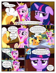 Size: 612x792 | Tagged: safe, artist:newbiespud, edit, edited screencap, imported from derpibooru, screencap, applejack, princess cadance, queen chrysalis, rainbow dash, twilight sparkle, earth pony, pegasus, pony, unicorn, comic:friendship is dragons, a canterlot wedding, apple fritter (food), bowing, chef's hat, clothes, comic, dialogue, disguise, disguised changeling, eyes closed, food, freckles, frown, glowing horn, grin, hat, hoof shoes, horn, indoors, jewelry, magic, mouth hold, peytral, puffy cheeks, screencap comic, smiling, suspicious, telekinesis, tiara, tray, unicorn twilight