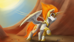 Size: 3840x2160 | Tagged: safe, artist:tenebrisnoctus, imported from derpibooru, daybreaker, alicorn, pony, armor, celestial mechanics, chains, female, gritted teeth, horn guard (armor), mane of fire, mare, pulling, signature, solo, sun