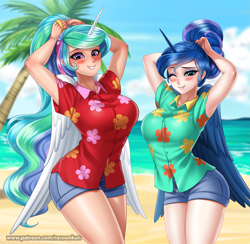 Size: 4365x4255 | Tagged: safe, alternate version, artist:racoonsan, imported from derpibooru, princess celestia, princess luna, alicorn, human, between dark and dawn, alicorn humanization, alternate hairstyle, anime, armpits, beach, big breasts, blushing, breasts, busty princess celestia, busty princess luna, clothes, cute, cutelestia, denim shorts, duo, female, hair bun, hawaiian shirt, horn, horned humanization, humanized, lunabetes, mare, multicolored hair, nail polish, ocean, one eye closed, open mouth, palm tree, ponytail, royal sisters, shirt, shorts, siblings, sisters, tree, vacation, winged humanization, wings, wink