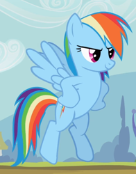 Size: 598x763 | Tagged: safe, imported from derpibooru, screencap, rainbow dash, pony, the mysterious mare do well, confident, cropped, female, flying, hooves on hips, smiling, solo, spread wings, wings