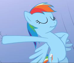 Size: 1031x888 | Tagged: safe, imported from derpibooru, screencap, rainbow dash, pony, the mysterious mare do well, cropped, eyes closed, female, flying, hind legs, smiling, solo, wings