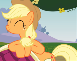 Size: 1188x939 | Tagged: safe, imported from derpibooru, screencap, applejack, pony, too many pinkie pies, cropped, cute, eyes closed, female, jackabetes, smiling, solo