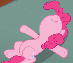 Size: 1083x931 | Tagged: safe, imported from derpibooru, screencap, pinkie pie, earth pony, pony, too many pinkie pies, belly, cropped, cute, diapinkes, female, lying on the ground, mare, smiling, solo