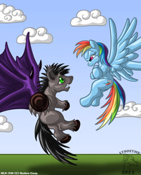 Size: 722x900 | Tagged: safe, artist:lysozyme, imported from derpibooru, rainbow dash, oc, unnamed oc, bat pony, pegasus, pony, argument, bat pony oc, bat wings, duo, flying, underhoof, wings