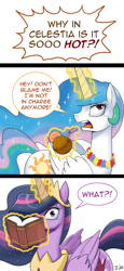 Size: 700x1527 | Tagged: safe, artist:johnjoseco, imported from derpibooru, princess celestia, twilight sparkle, alicorn, pony, the last problem, book, coconut, comic, dialogue, flower, food, glowing horn, hair over one eye, horn, magic, older, older twilight, open mouth, princess twilight 2.0, simple background, speech bubble, telekinesis, turned head, twilight sparkle (alicorn), white background