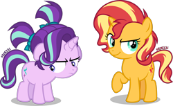 Size: 4000x2440 | Tagged: safe, artist:orin331, imported from derpibooru, starlight glimmer, sunset shimmer, unicorn, alternate hairstyle, cute, duo, duo female, female, filly, filly starlight glimmer, filly sunset shimmer, glimmerbetes, raised hoof, shimmerbetes, simple background, transparent background, vector, younger