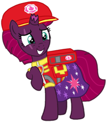 Size: 883x1019 | Tagged: safe, artist:徐詩珮, imported from derpibooru, fizzlepop berrytwist, tempest shadow, pony, unicorn, series:sprglitemplight diary, series:sprglitemplight life jacket days, series:springshadowdrops diary, series:springshadowdrops life jacket days, aid marshall (paw patrol), alternate universe, base used, broken horn, clothes, cute, cutie mark, cutie mark on clothes, dress, eye scar, eyelashes, female, grin, hat, horn, mare, marshall (paw patrol), paw patrol, raised hoof, scar, simple background, smiling, solo, transparent background